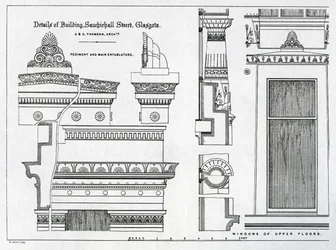 Dettagli architettonici delle camere greche, 336-356 Sauchiehall Street, Glasgow, progettate da Alexander Greek Thomson, 1869