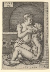 Cimone seduto contro una colonna a destra, allattato da Pero che è inginocchiata accanto a lui, 1544