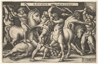 Ercole con la sua clava al centro che combatte un centauro, altri uomini che combattono centauri a sinistra, 1542