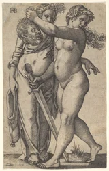 Giuditta che cammina a sinistra con la testa di Oloferne nella mano destra e una spada