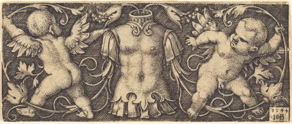 Ornamento con armature e due geni