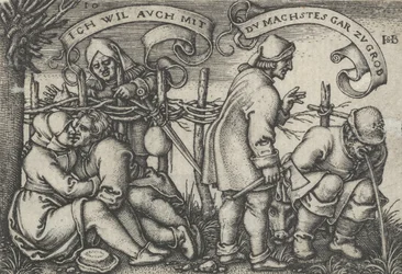 Contadini dietro la siepe, dalla Festa dei Contadini o i Dodici Mesi, 1546-47
