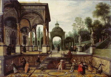 Giardino italiano con galleria e figure, primo terzo del XVII sec.