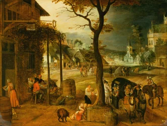 Villaggio con viaggiatori che si rinfrescano in una locanda