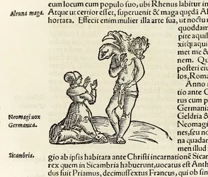 Una strega evoca un demone a tre teste, dall
