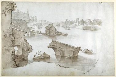 Veduta del Tevere con le rovine del Ponte Rotto, la Marmorata e la Ripa Grande