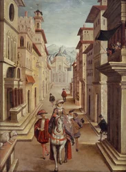 Figure eleganti in una strada rinascimentale italiana