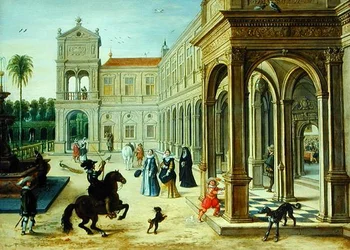 Cavaliere e figure eleganti fuori dal cortile di un palazzo