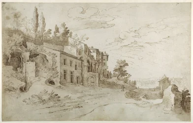 Case tra le rovine con una vista lontana di Roma