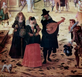 Paesaggio con Villa Medici a Roma, Italia. Dettaglio: eleganti passeggiatori e musicisti nel parco. XVII secolo, Napoli, Museo Nazionale di Capodimonte