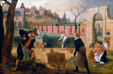 Giardinieri al lavoro in un giardino formale alla periferia di una città. Dipinto di Sebastian Vrancx (1573-1647). Collezione privata.
