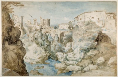 Veduta di Tivoli con il Tempio della Sibilla Tiburtina e le cascate