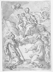 Danese: Tre santi maschi con Madonna e Bambino tra le nuvole circondati da angeli