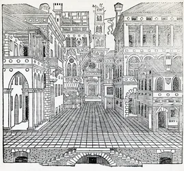Scena magica, scenografia teatrale di Sebastiano Serlio, illustrazione dal Trattato di Architettura, Libro II