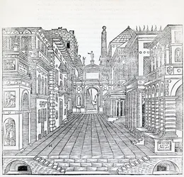 Scena magica, scenografia teatrale di Sebastiano Serlio, illustrazione dal Trattato di Architettura, Libro II