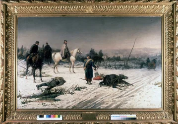 Garibaldi a Digione su un campo di battaglia, dipinto di S. De Albertis. 1877. Museo del Risorgimento, Milano