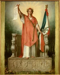 La repubblica. Personificazione della Repubblica (Marianne) che porta un pergamena su cui è scritto “sovranità del popolo” e la bandiera tricolore