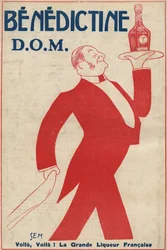 Pubblicità per il digestivo (liquore) "Benedictine" (D.O.M.) Un ragazzo del caffè porta una bottiglia su un vassoio. Disegno di Sem (1873-1932). 1911