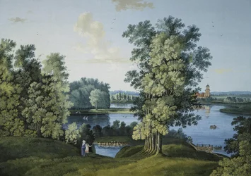 Vista del grande stagno nel parco di Tsarskoye Selo