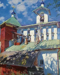 Vista del campanile del monastero delle Grotte di Pskov (monastero della Dormizione di Pskov-Petchory o Pskovo-Petcherski) a Petchory, Russia, dipinto di Sergei Vinogradov (1869-1938) - 1929