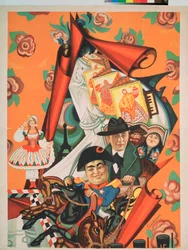 Progetto di un manifesto della compagnia teatrale di Nikita Baliev (Balieff) (1877-1936) "La Chauve Souris" - Baliev è rappresentato in primo piano, a cavallo di un cavallo - Opera di Sergei Yurievich Sudeykin (Serge Soudeikin)
