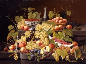 Natura morta con frutta e champagne