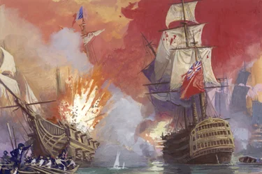 Battaglia navale britannica con i francesi durante le guerre napoleoniche (gouache su carta)