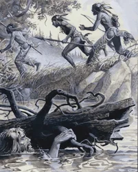 John Colter si è nascosto dietro un legno alla deriva (gouache su carta)