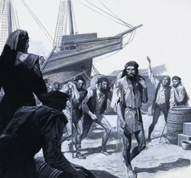 Uomini di Magellano (gouache su carta)