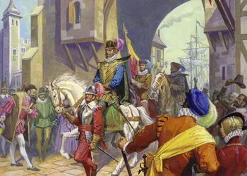 Sir Francis Drake in arrivo a Plymouth (gouache su carta)