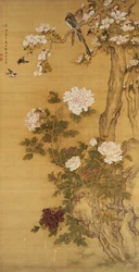 Peonie, uccelli e albero di magnolia, rotolo appeso, dinastia Qing (colore su seta)