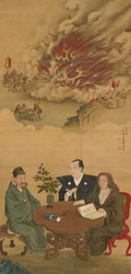 Rotolo appeso che raffigura un incontro tra Giappone, Cina e Occidente