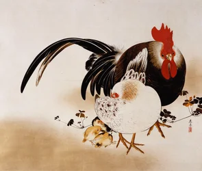 Rotolo appeso raffigurante un gallo, una gallina e pulcini