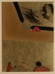 Tre uomini che guardano un disegno laccato incorniciato