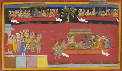 Bharata e Shatrughna arrivano a Nandigrama, salutano Rama e il carro di Pushpaka parte.