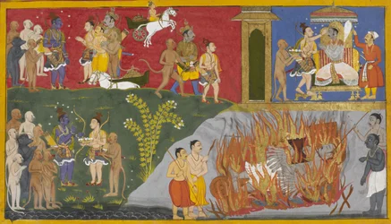 Bibhishana accende la pira funeraria di Ravana e Lakshmana offre torte di pinda a Rama.