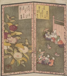 Fiori di camelia a sinistra, persone che assistono a un combattimento di galli a destra, ca. 1820.
