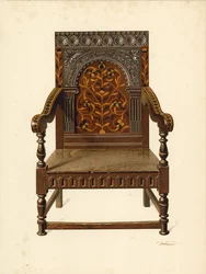 Sedia intarsiata di quercia, proprietà di Miss Dorothy Chune Fletcher