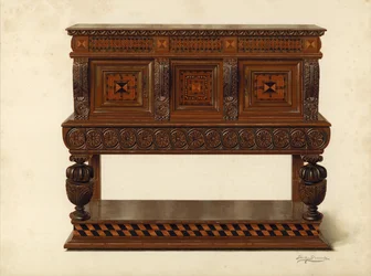 Buffet in noce e quercia, proprietà di Percy Macquoid (cromolitografia)