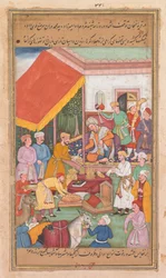Timur distribuisce doni dal suo nipote, il Principe di Multan, da un Zafar-nama (Libro delle Vittorie)