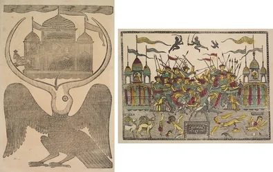 Jatayu (uccello mitico di Rama) ostacola il carro di Ravana, cercando di impedire il rapimento di Sita (recto); Scena di battaglia (verso)