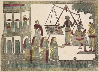 Krishna pesato contro oggetti preziosi, 1800s