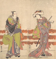 Ichikawa Danjuro Quinto come un Komuso con un cappello a cestino nella mano destra, ca. 1775