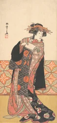 Nakamura Riko come cortigiana riccamente vestita in piedi in una stanza, ca. 1778