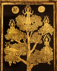 Pannello posteriore di un armadio per manoscritti con scene buddiste, probabilmente tardo periodo Ayutthaya