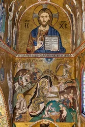 Cappella Palatina (Basilica), abside meridionale o absidiola di San Paolo, mosaici: Cristo Pantocratore e Natività, XII secolo
