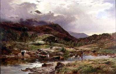 Scena fluviale montuosa con bestiame in primo piano