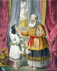 Eli interroga Samuele riguardo alla visione, da una bibbia stampata da Edward Gover