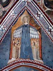 Rappresentazione della Vergine Maria Madre della Chiesa. Affresco della Cappella della Vergine realizzato dalla Scuola di Siena del XIV secolo - Monastero di San Benedetto (Sacro Speco), Subiaco (Roma), Italia