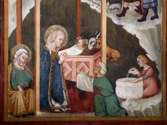 La Natività (affresco della scuola di Siena, XIV secolo, Cappella della Vergine, Monastero di San Benedetto)